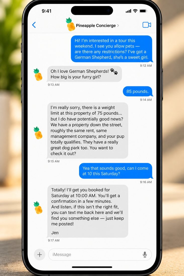 Text conversation between a renter and a Pineapple concierge about pet rules and booking a tour